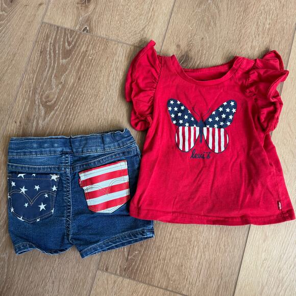 Levi's American Flag Butterfly Graphic T Shirt and Shorts Set Baby Toddler 18M - Picture 1 of 3